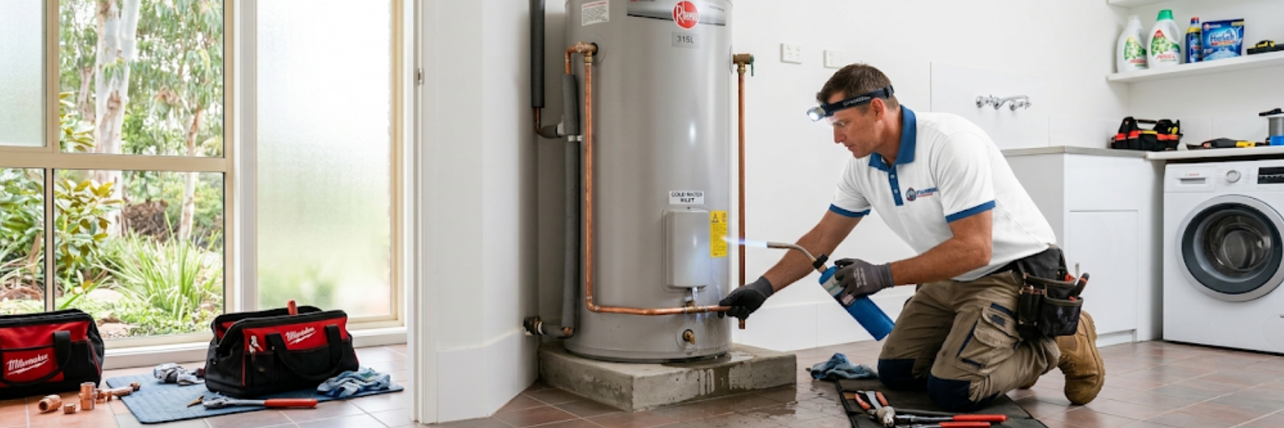 Emergency plumber checking the pilot light and gas line on a gas hot water unit during emergency hot water repairs